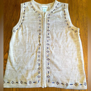 Vintage BLAIR Women Knit Vest Size Medium Beige Embroidered Full Zip Sleeveless